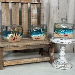 Hand Painted Artist Glass Tealight Holders In Beach And Seashore Theme With Crab